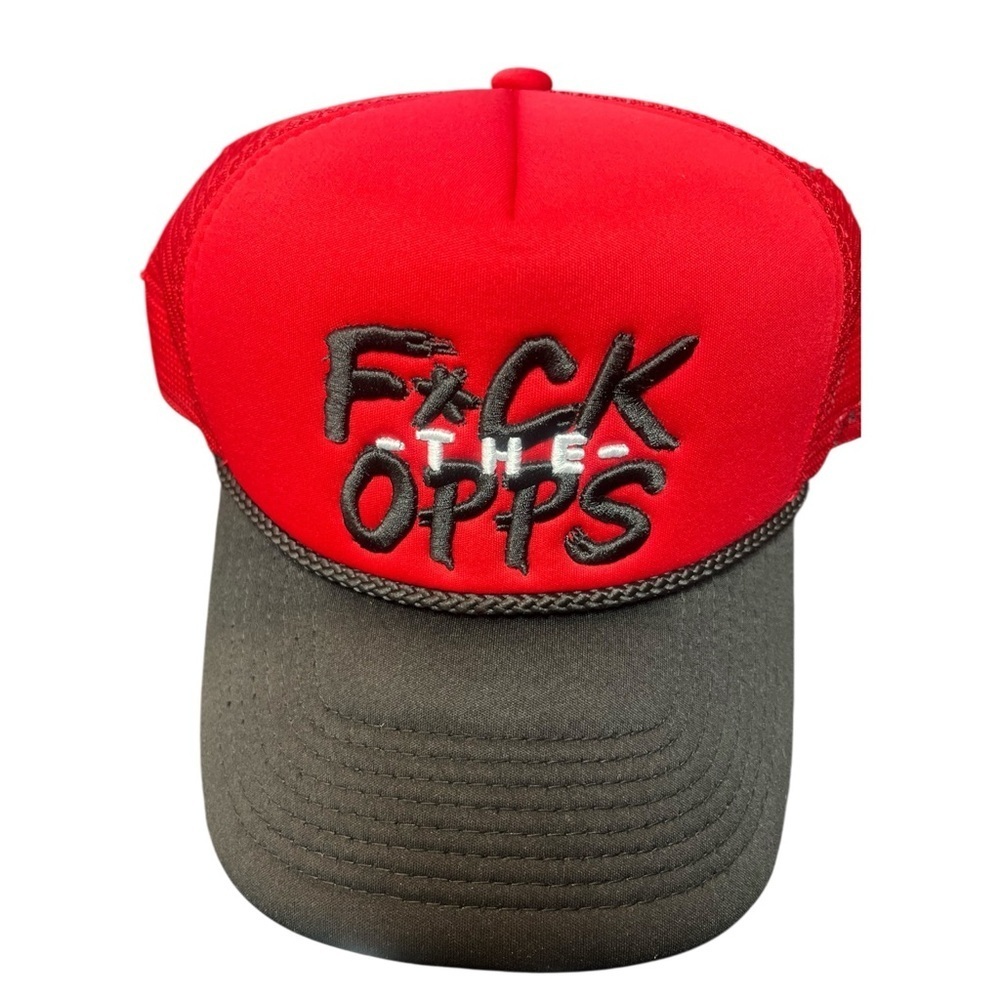 Opps Red and Black graphic trucker Cap